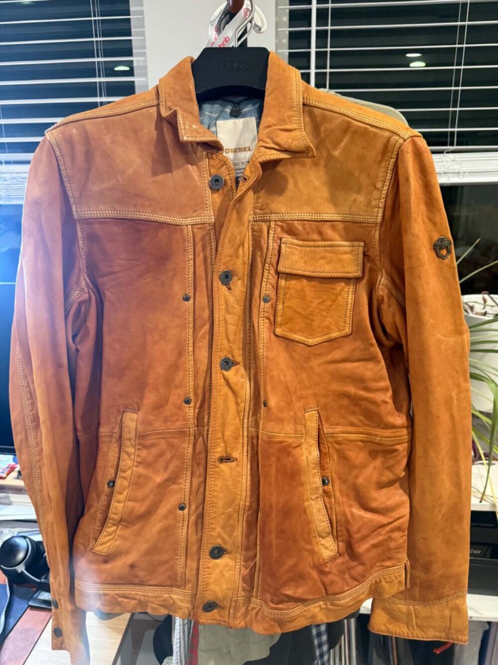 Diesel Lambskin Leather Trucker Jacket Cognac Brown M Printed Lining